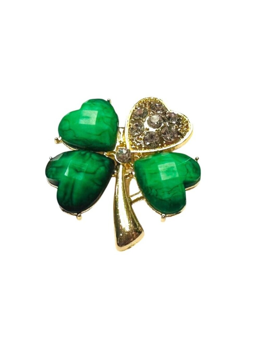 Lucky Four Leaf Clover Brooch Pin Green & Gold Shamrock